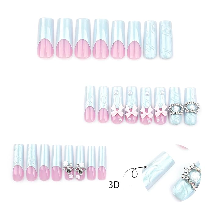 RTKHFZE Long Press on Nails Square Shape Fake Nails with 3D Swirl and Bow Design False Nails,French Tip Glue on Nails Gift for Holiday/Christmas Day/Daughter/Party/Valentine'S Day