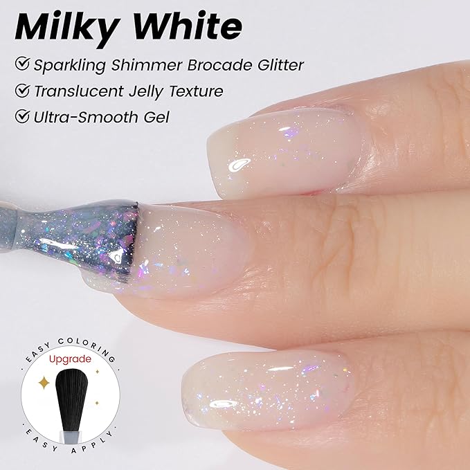 YTD Likomey Brocade Glitter Gel Nail Polish,Nude Iridescent 15ml Milky White Shimmer Jelly Translucent Neutral Holographic Sparkly Flakes Home DIY UV Nail Art Varnish,SF347