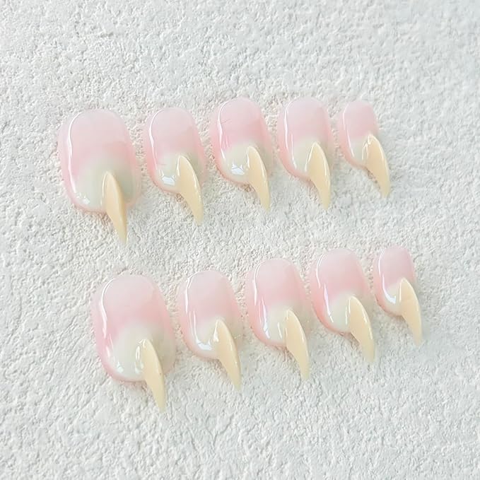 10 Pcs Handmade Press on Nails Medium Curved Stiletto Cat Claw Nails Press Ons Beige Nail Tips Design Thick Cat Claw Fake Nails Reusable Glossy Acrylic Stick on Nail (S)