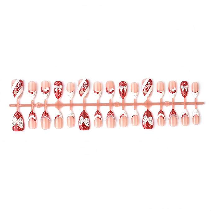 30Pcs Valentines Day Press on Nails Medium Almond Fake Nails with Pearl Lace Bow Design Glossy Polka Dots Red French Tips Glue on Nails Lace Butterfly Full Cover Stick on Nails Acrylic Nails for Women