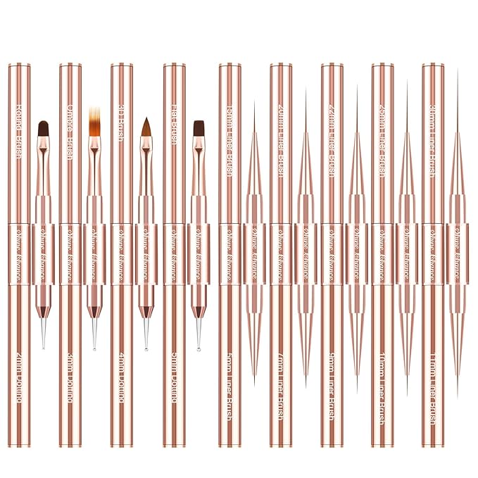 9Pcs Nail Art Brushes Set, Professional Double-Ended Acrylic Liner Detail Brushes for Gel Polish Art Nail, 3D Art Nail Dotting Brush Pen for Manicure DIY Home Salon, Rosegold