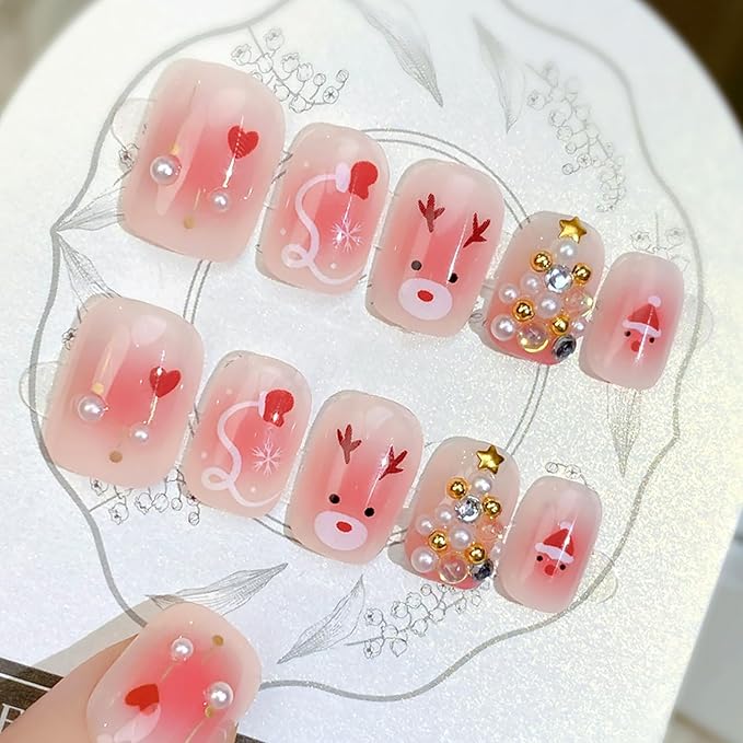 24pcs Christmas Press on Nails Short Square Fake Nails Cute Reindeer False Nails with 3D Pearl Gold Silver Gems Design Winter Pink Glossy Glue on Nails Full Cover Artificial Stick on Nail for Women