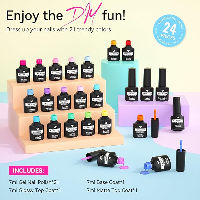 VANREESA 24 Pcs Gel Nail Polish Set, 21 Colors Gel Polish with Base Coat Glossy & Matte Top Coat Yellow Green Blue Pink Purple Orange Gel Polish Kit Nail Kit Gifts for Women Girls