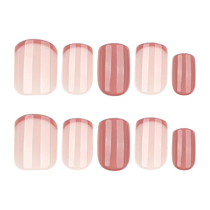 Brown French Tips Press On Nails Short, Acrylic Press On Nails Square, Glossy Fake Nails Kit, Thick Natural Reusable Stick On Nails for Women, 24Pcs
