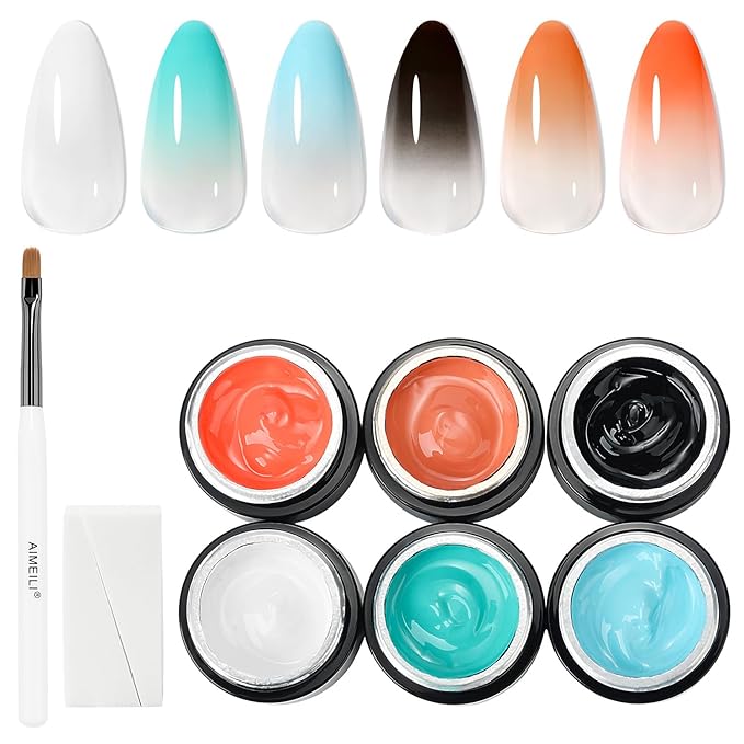 AIMEILI Ombre Gel Nail Polish Kit, Vegan, Cruelty Free, Gradient Blush Effect Solid Gel Polish 6 Colors Pat Painting Gel with Nail Sponge Drawing Brush