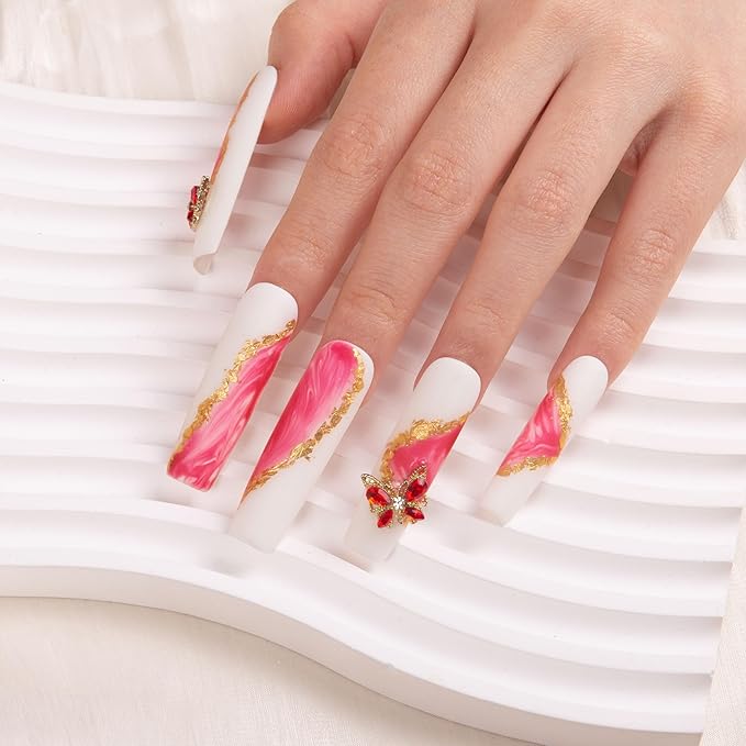 LOVFUL Press on Nails Into The Pink| Handmade with Full Covered Crystals| Reusable Fake Nails| Square Mid length 1.7in| H243-L