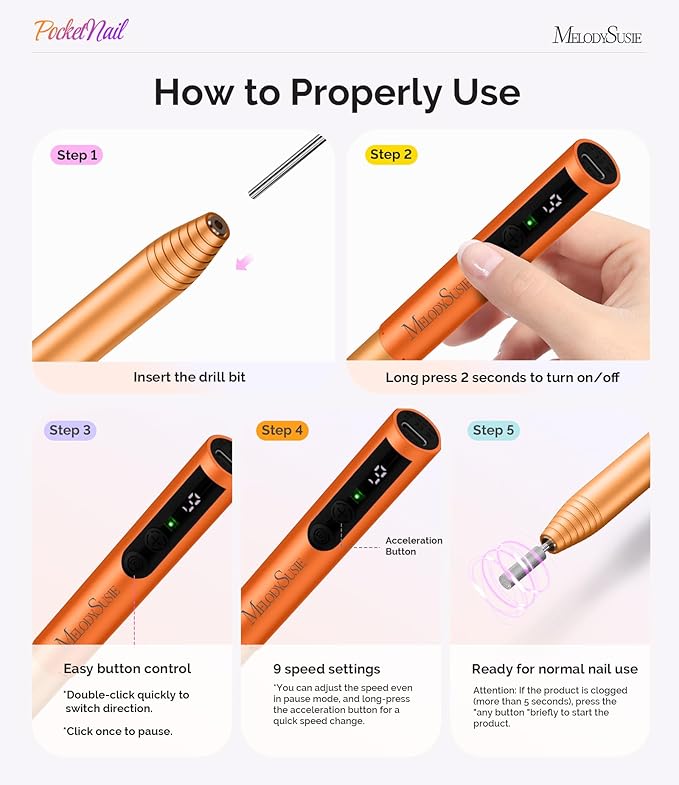 MelodySusie PocketNail Pen-Shaped Cordless Modular Nail Drill, Extended Kit, PC100GR 20000RPM Slim Portable Rechargeable Electric File for Nail Care & Gel Removal at Home for Beginners, Party Peach
