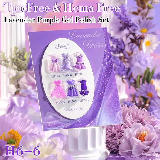 Double Rhythm 6 Pcs Hema Free Gel Polish Set 0.50 OZ Same Color Same Bottle Soak Off Neutral Natural Milky Gel Polish Kit Nail Art Salon DIY at Home (Lilac Violet Pink Purple-H6-6)