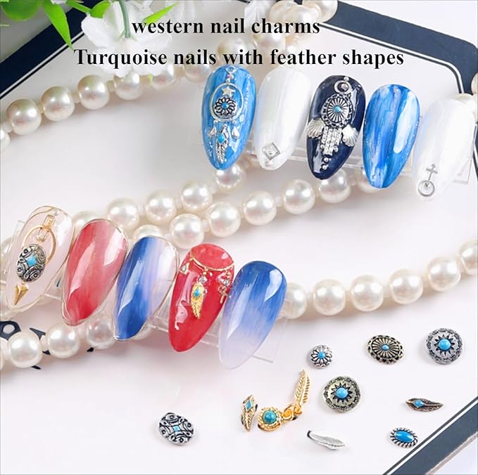 50 PCS Metal Turquoise Nail Charms - Western Cowboy Nail Art Decorations, 3D Nail Gems for DIY Manicure, Mixed Shapes Nail Accessories for Gel Acrylic Nails (Blue)