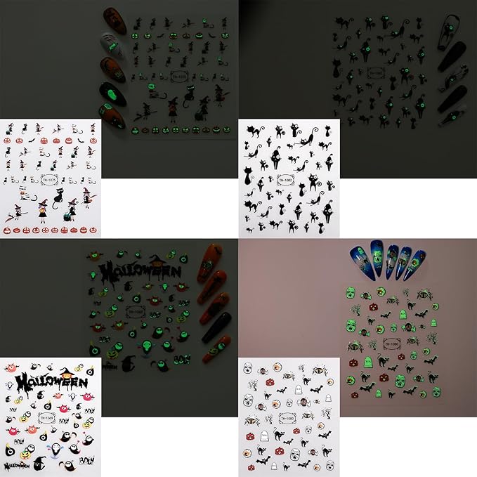 12 Sheets Halloween Nail Art Stickers Decals Glow in The Dark, Cute Spider Web Pumpkin Ghost Skull Bat 3D Design Self-Adhesive Nail Art Decals, DIY Manicure Decoration Supplies for Women Kids