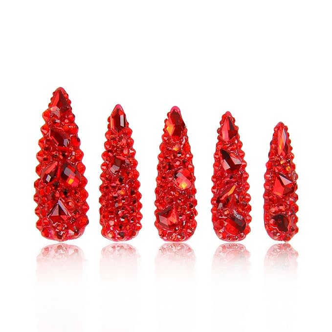LOVFUL Press on Nails Flaming Luxury Red | Handmade with Full Covered Crystals | Reusable Full Cover Nails | Stiletto Mid Length 1.7 in | H39-M