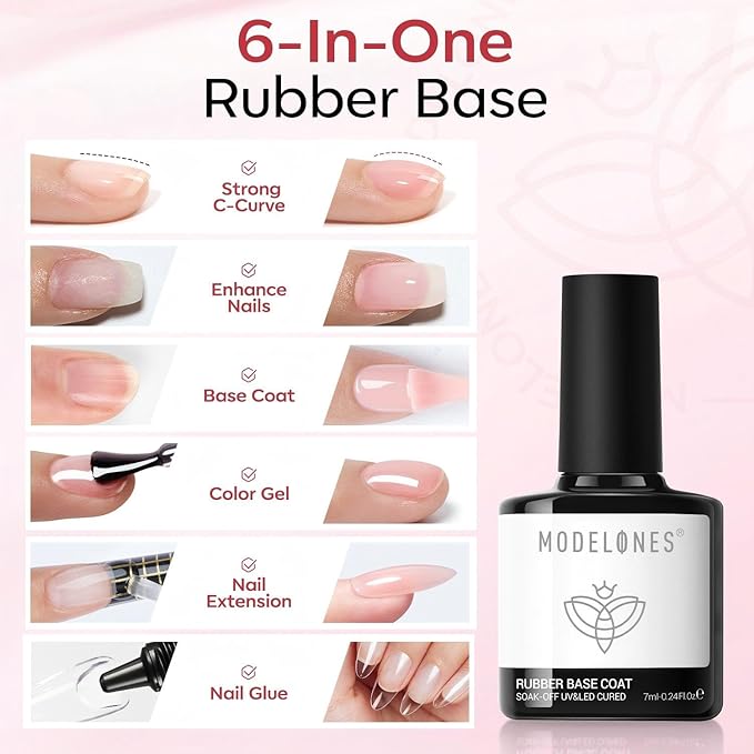 modelones Builder Rubber Gel Base Coat for Nails, Jelly Pink Rubber Base Gel Nail Polish for Strengthen Apex Building Extension Protect Weak Nails Long Last U V Manicure Gift for Women
