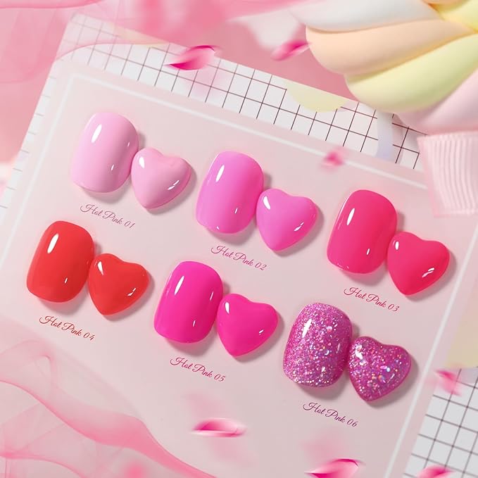 Born Pretty Neon Hot Pink Valentine's Day Gel Nail Polish,Natural Soft Light to Dark Glitter Sparkle Gel Polish Soak Off U v LED Nail Art Manicue Kit DIY at Home or Manicure Salon 6PCS