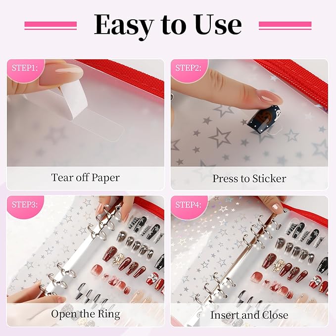 Press on Nail Organizer Binder Book, 8 A5-Sized Insert Pages & Double Sized Tape, Press on Nails Display Storage Book, Reusable Fake Nail Swatch Collecting Book (Red Star)
