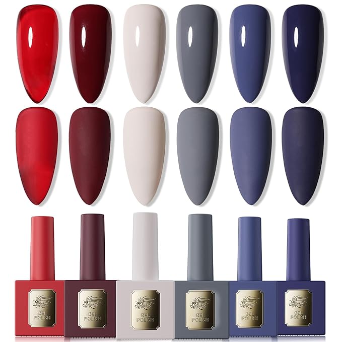 6Pcs 12ml Gel Nail Polish Set with Red White Blue, Gel Polish Kit for Salon DIY at Home, Soak Off LED UV Gel Nail Polish, Gifts for Women Girls