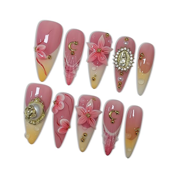 Pink Ombre French Press on Nails with 3D Floral Carving, Gold Statue Charms, Long Stiletto Glossy Iced Baroque Fake Nails, Reusable Elegant False Nails for Women Wedding Ball Party (Size M)