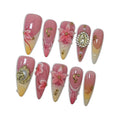 Pink Ombre French Press on Nails with 3D Floral Carving, Gold Statue Charms, Long Stiletto Glossy Iced Baroque Fake Nails, Reusable Elegant False Nails for Women Wedding Ball Party (Size M)