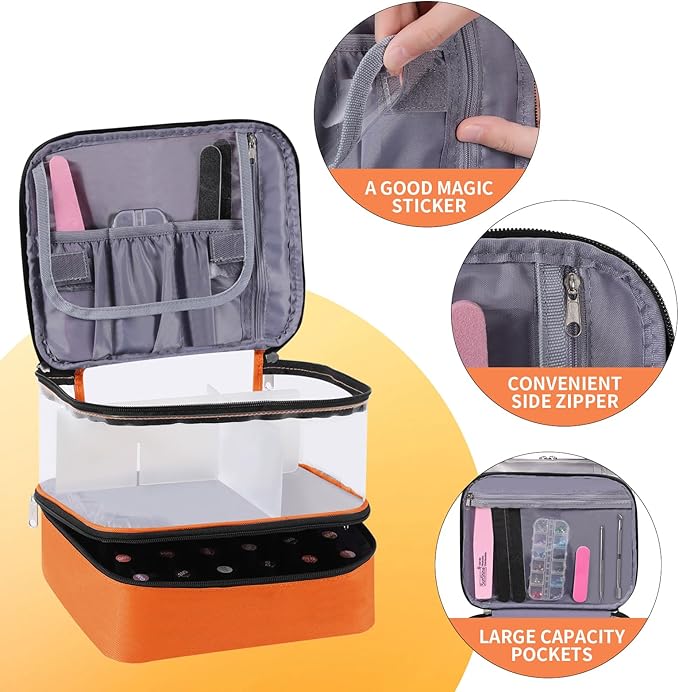 Clear Nail Polish Organizer, Double-Layer Nail Polish Bag Organizer Case Holds 30 Bottles and Nail Dryer, Nail Organizers and Storage for Manicure Tools-Orange