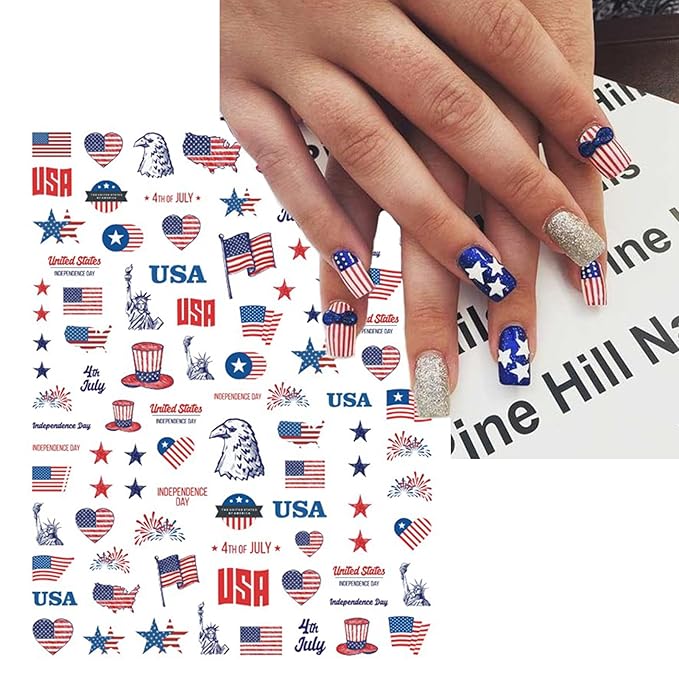 12 Sheets 4th of July Nail Stickers, Independence Day Patriotic Nail Decals, 3D Design Self-Adhesive Memorial Day USA Flag Star Nail Art