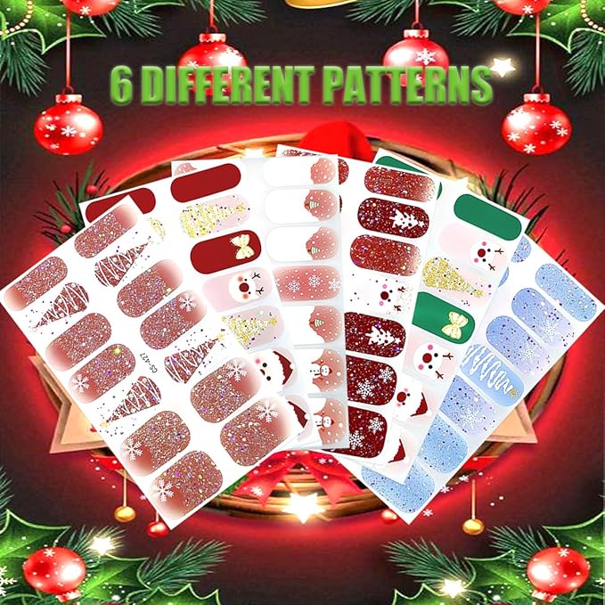 6 Sheets Christmas Nail Wraps Stickers 3D French White Snowflake Gel Nail Stickers Strips Self-Adhesive Winter Holiday Full Wraps with Xmas Trees Santa Reindeer Nail Polish for Women Acrylic Nails DIY