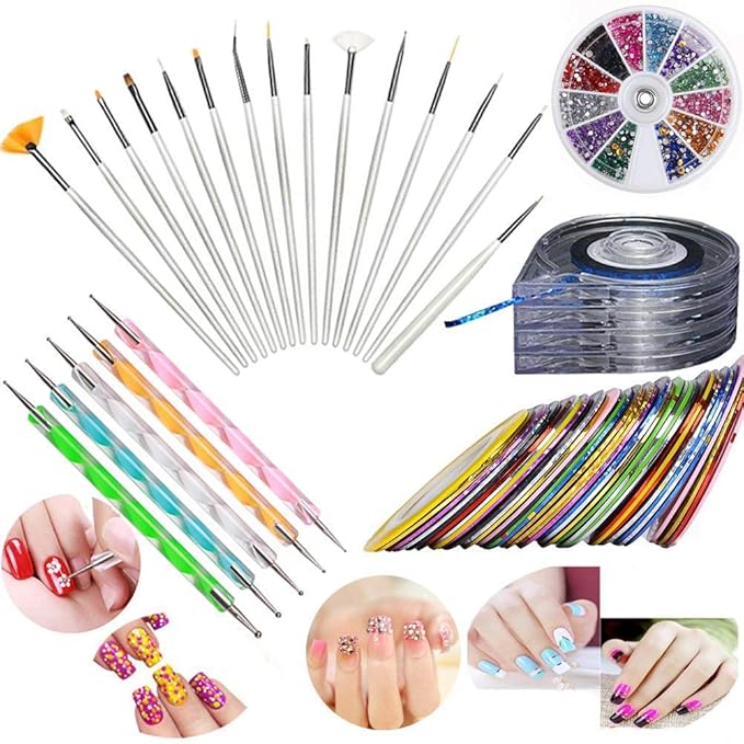 Nail Art Kit includes 30 Striping tape & 4Pcs Striping Roller Box & 12 Colors Rhinestones & 5pcs Dotting Pen & 15pcs Brush Set
