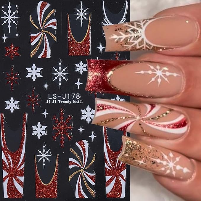 7 Sheets Christmas Nail Stickers Xmas Nail Design Decals - Snowflake,Bows,Candy Cane,Santa Tree Stickers with Pink,Red,Gold,Silver Glitter,Christmas DIY French Manicure Decor for Women Girls