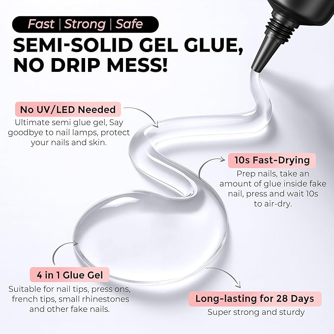 Super Strong Nail Glue 10gX2Pcs for Press On Nails - Quick Drying, Semi Solid, Long Lasting, No U V Light Needed