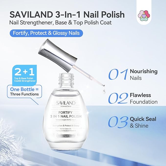 SAVILAND 3-in-1 Base & Top Coat & Nail Strengthener: 15ml Quick Air Dry Clear Nail Polish Nail Strengthener and Growth for Damaged Nails Nail Treatment Glossy Regular Nail Lacquer Women Gift