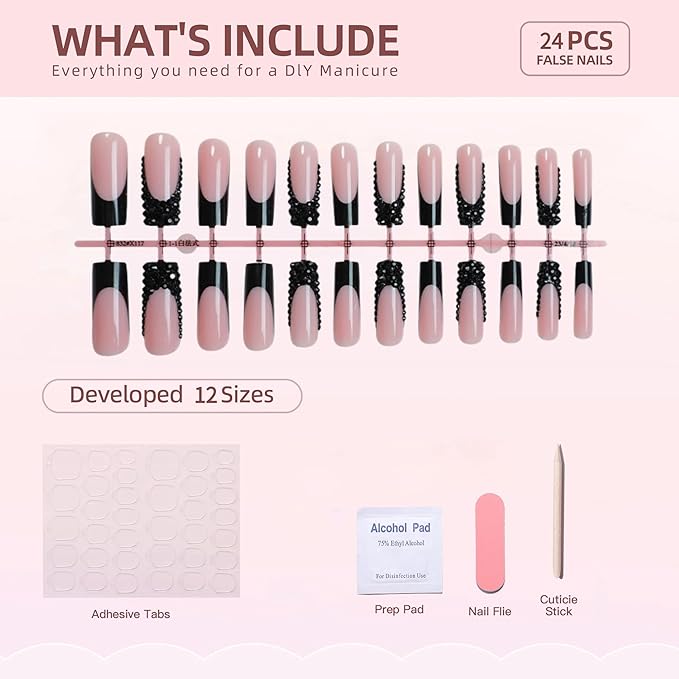Long Press on Nails Square Black French Tip Fake Nails Rhinestones Full Cover Nails Press ons Stick on Nails with Designs Glue on Nails Glossy Artificial Nails for Women Manicure 24Pcs