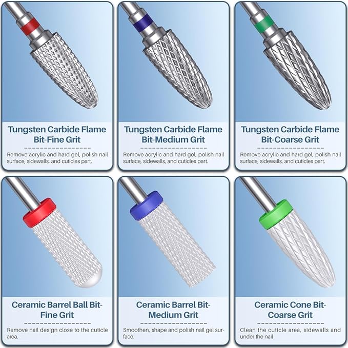 Glix 13-in-1 Professional Nail Drill Bits Set, Tungsten Carbide, Ceramic, and Diamond Cuticle Remover E File Bits for Acrylic Nails, Gel Polish Removal, 3/32" Shank Manicure Kit