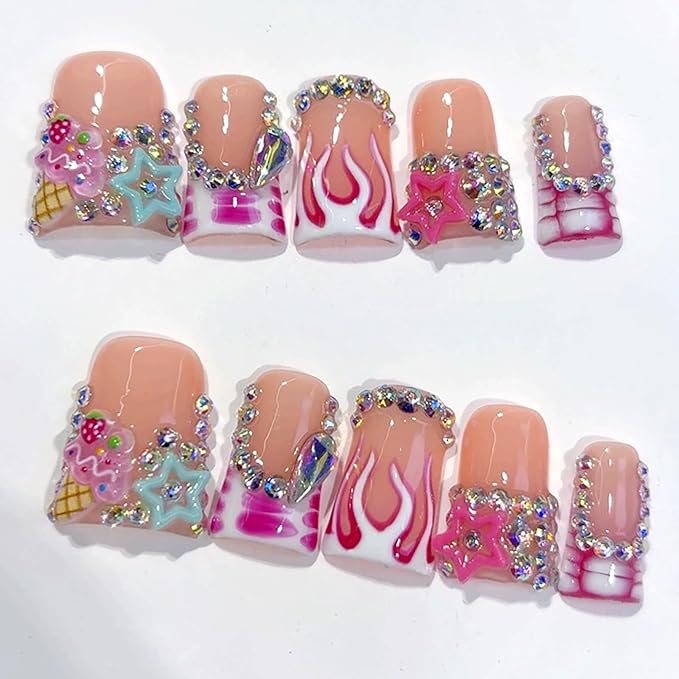 10Pcs Short Duck Press on Nails Handmade Fake Nails with Flame Star Rhinestone Design Multi Layer Gel False Nails Acrylic Duck Nails Press ons Artificial Handmade Stick on Nail for Women (S)