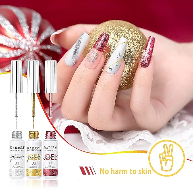RARJSM Metallic Painting Gel Nail Polish Set,Black Silver Gold Green Pink Black Glitter Platinum Effect Drawing GelPolish 6 Pieces,Curing Reqired Nail Art Design Dotting Gel Liner Brush Pen Tool 8ml