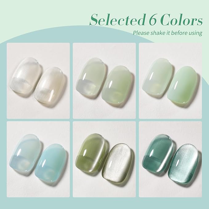 Born Pretty Green Gel Nail Polish,Spring Summer Jelly Transparent Gel Polish,Cat Magnetic Eye,Shimmer Glitter Green Gel Polish Kit for Salon Manicure and Nail Art DIY at Home 6Colors