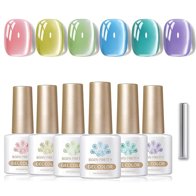 Born Pretty Magnetic Gel Nail Polish Pastel Water Light Cat Magnetic Eye Gel Jelly Glass Crystal Nail Polish Glitter Shimmer Auroras Magnetic Gel Nail Art Manicure Kit 6PCS