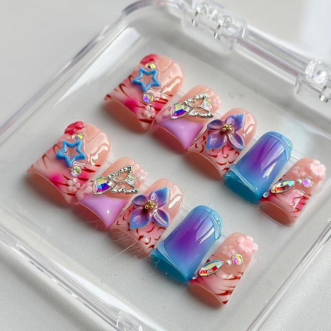 Luxury Press on Nails Short Duck Handmade 3D Unique Reusable ABS Material Fake Nails French Tip False Nails with Designs Stars Flower Butterfly Rhinestones Glossy Glue on Nail Thick Acrylic Nail(M)