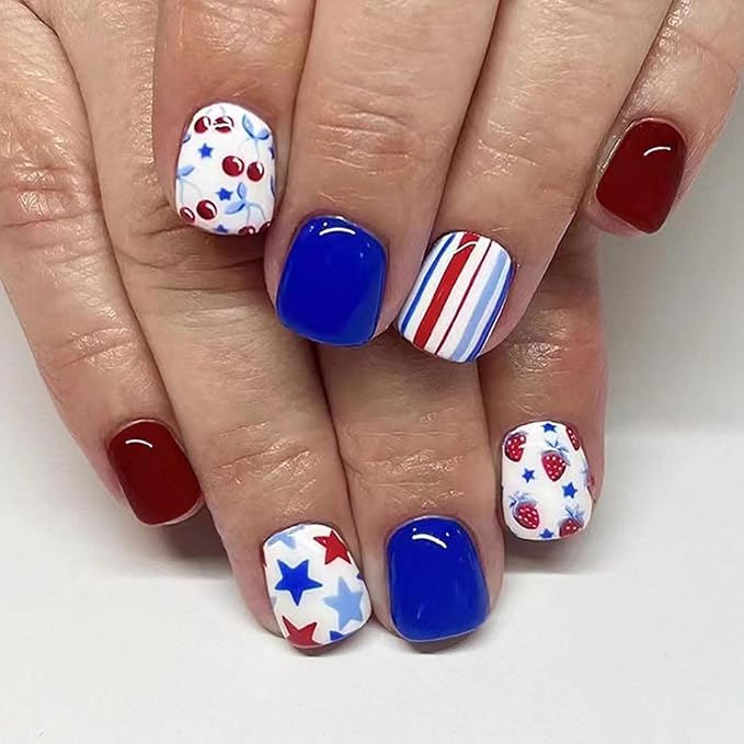4th of July Press on Nails Short Square Fake Nails with America Flag Design Patriotic Pattern False Nails Strawberry Cherry Stick on Nails Glossy Acrylic Press on Nails for Independence Day 24Pcs