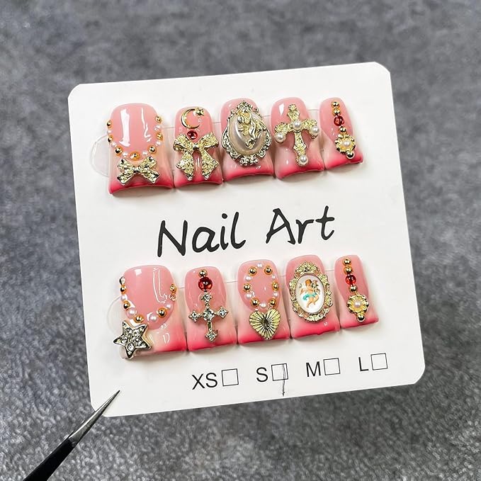 Handmade Press on Nails Short Duckbill False Nails Pink Gradient French Tips Stick on Nail with Rhinestones & 3D Bow Designs Muti-Layer Gel Artificial Acrylic Nails for Women（Size S)