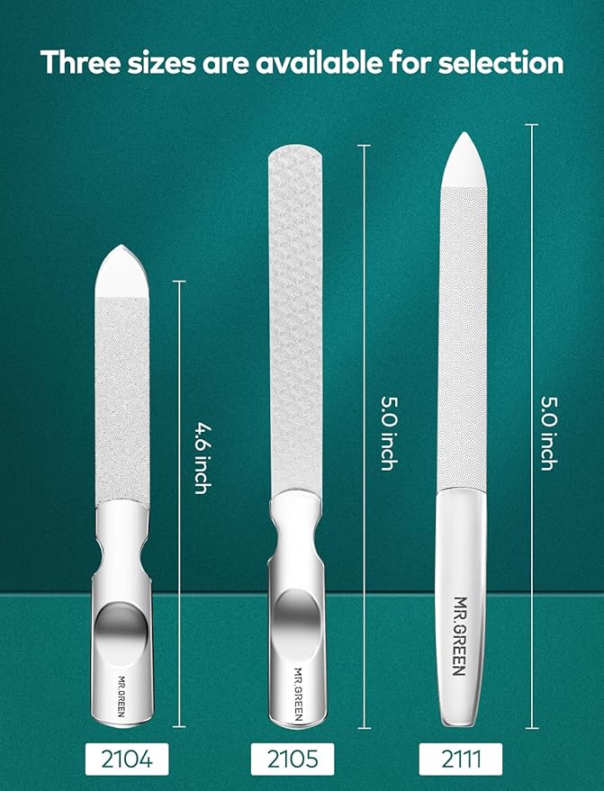 MR.GREEN Professional Double Sided Stainless Steel Nail File with Non-Slip Handle and Leather Case, Pointed Nail Buffering Files Washable