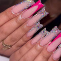 Handmade Press on Nails - Long Square Fake Nails - Red French Tips Design Shiny Rhinestone False Nails Glossy Stick on Nail Full Cover Nails Diamond Glue on Nail for Women Manicure 24Pcs