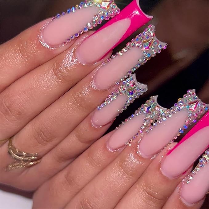Handmade Press on Nails - Long Square Fake Nails - Red French Tips Design Shiny Rhinestone False Nails Glossy Stick on Nail Full Cover Nails Diamond Glue on Nail for Women Manicure 24Pcs