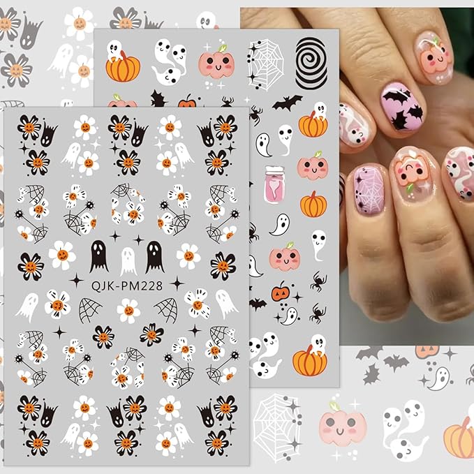 Halloween Nail Art Stickers Decals Gothic Self-Adhesive Nail Stickers Design Pumpkin Ghost Bat Black Cat Nail Decals for Women Girls DIY Manicure 8 Sheets Halloween Nail Stickers Decoration Supply