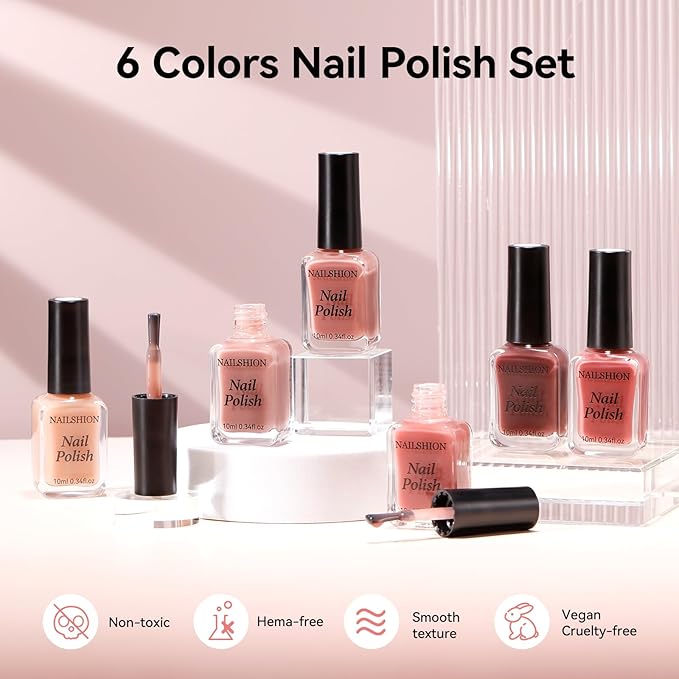 Nude Nail Polish Set 6 Colors Neutral Beige Nude Rose Pink Brown Sheer Pink Jelly Nail Polish, Quick Dry, Non-Toxic, Rich in Castor Oil, Professional Nail Art DIY at Home Gift for Women