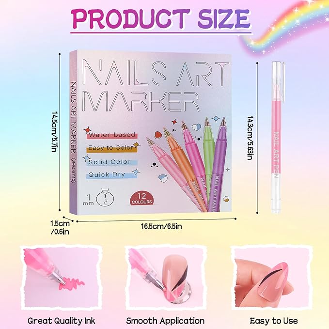 EBANKU 12 Colors Nail Art Pens Kit 1 MM Ultra-Fine Tip 3D Nail Polish Pens Quick-Dry Acrylic Paint Pens Nail Markers Dotting Tools for Holiday Nails Home & Salon Manicure