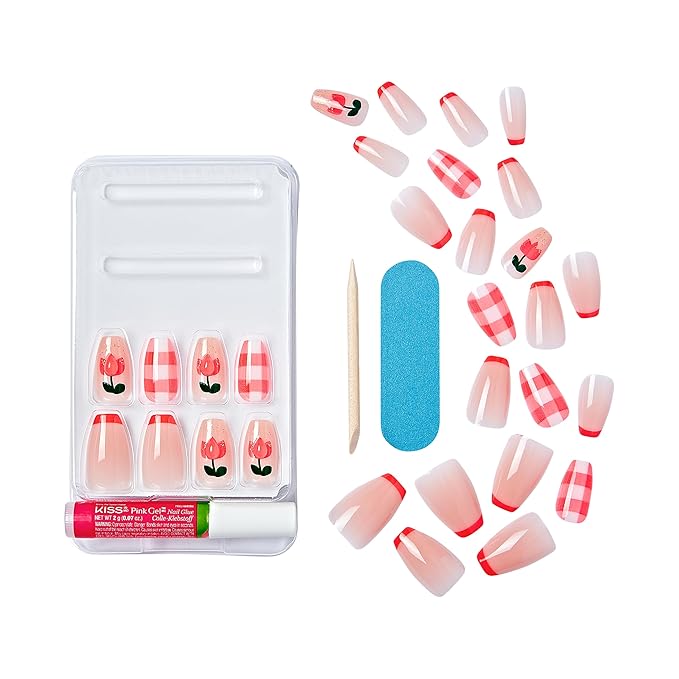KISS Gel Fantasy Allure Press On Nails, Ready to Wear, 3D Design, Waterproof, Pink Gel Nail Glue 0.07 Oz. (2g), Manicure Stick & Mini File, 28 Count