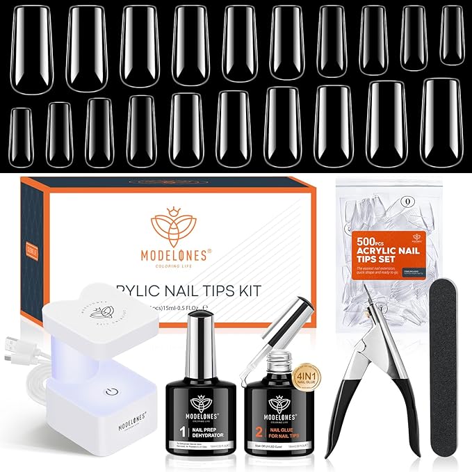 modelones X Nail Gel Kit, Square Nail Tips, 9-in-One Glue Prep Dehydrator & Portable Mini U V Light Acrylic Clipper, 500Pcs Medium Square Tips for Extension Kit DIY Salon Home Gift