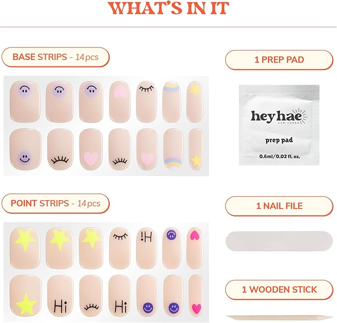 Heyhae Semi Cured Gel Nail Strips | No LED Lamp Needed | Spring, Marble, Pink | Easy Apply & Remove, Salon Quality | Includes 1 Prep Pads, Nail File & Wooden Stick - Hey, You Make Me Smile