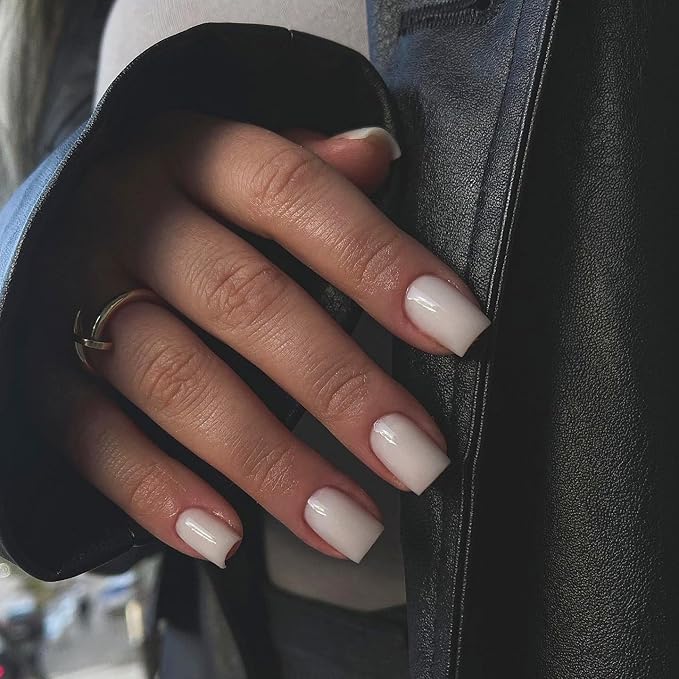 Ivory White Press on Nails Short Square, Natural Gel Nails Glue on Acrylic Nails Press ons, 48Pcs Thick Reusable Fake Nails for Women, Short Coffin Artificial Nails Solid Color Square Nails