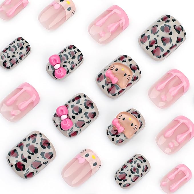 Cute Press on Nails Short Square Fake Nails with 3D French Cute Kawaii Design Leopard Pink Press ons Cartoon Nail Tip Artificial Acrylic Nail Cute False Nails for Women Manicure 24Pcs