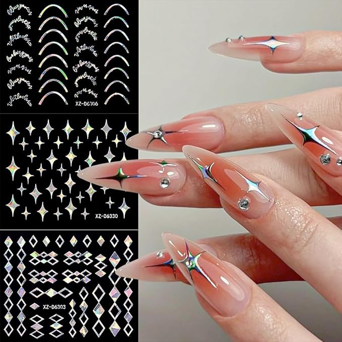 30 Sheets Aurora Nail Art Stickers Decals 3D Self Adhesive Flower Nail Stickers Aurora Star Heart Nail Decals for Nail Art Leaf Floral Nail Design for Women DIY Acrylic Nails Decoration Accessories