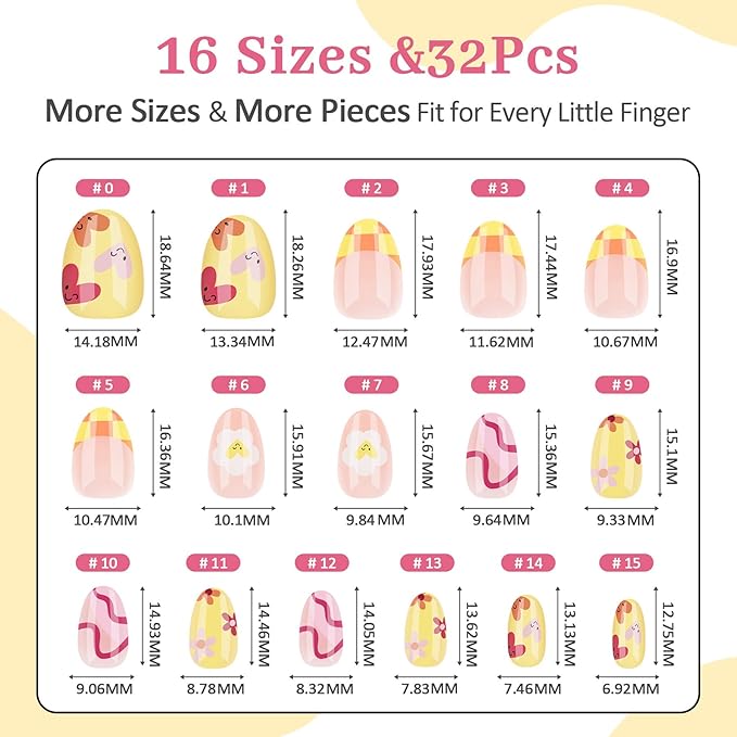 16 Sizes Press on Nails Kit for Kids - 32 Pieces French Almond Fake Nail Tips for Girls 8-12 Years Old with Jelly Nail Adhesives & No-Lamp Nail Glue, Birthday Easter Gifts (Happy Smile)